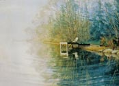 Painting of Becky's pond - foggy morning dock
